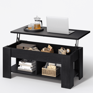 Mesa de centro con tapa elevable, compartimento oculto y almacenamiento, estantes abiertos separados, color negro - Product Image 1