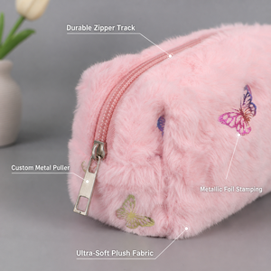 Trousse à crayons portable en peluche écologique, grande capacité, avec fermeture éclair, motif estampé à chaud doré, mignonne, pour filles - Product Image 3