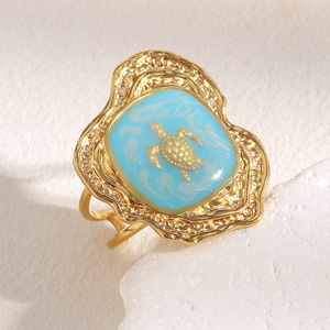 Nuovo anello aperto placcato oro 18K alla moda con <span class=keywords><strong>smalto</strong></span> blu <span class=keywords><strong>turchese</strong></span> e motivo tartaruga di ispirazione nautica gioielli di moda per le donne - Product Image 2