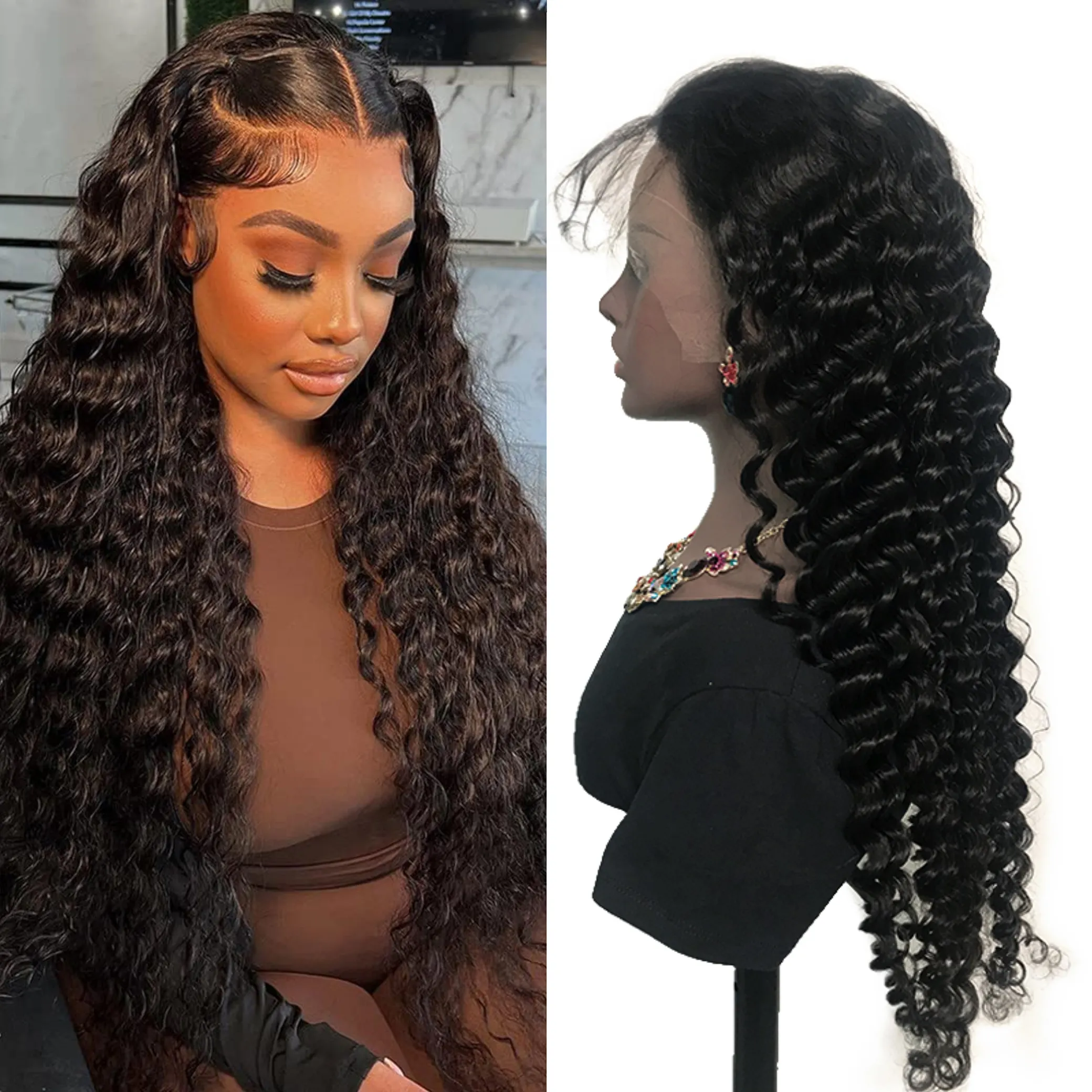 Bellishe Deep Wave encaje transparente mujeres venta al por mayor barato brasileño vendedores crudo Natural Frontal peluca encaje frontal pelucas de cabello humano