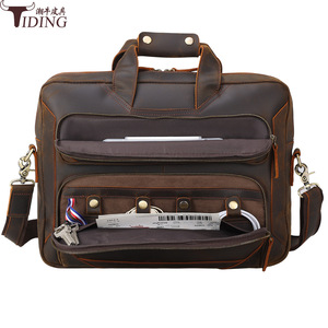 Tiding Vintage Genuine Leather 15.6 Inch Laptop <b>Briefcase</b> Business Shoulder Bag Men Dark Brown - Product Image 2