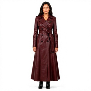 TiIerwear Women's Faux <b>Leather</b> Maxi <b>Trench</b> <b>Coat</b> Double Breasted Notched Collar Full Sleeve Elegant Autumn Outerwear - Product Image 1