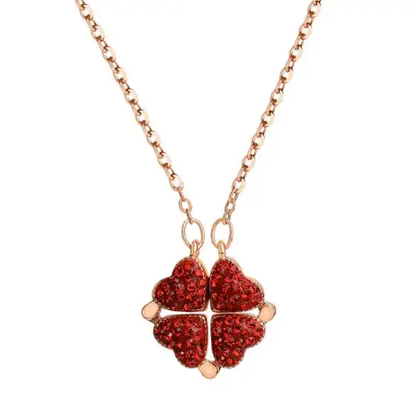 Women Jewellery red rhinestone four leaf clover pendant necklace