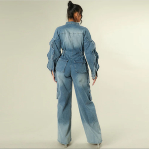 <span class=keywords><strong>Tuta</strong></span> da donna Vintage Cargo <span class=keywords><strong>in</strong></span> Denim elasticizzata a vita alta lavata a maniche lunghe con gamba larga fino a tute CARGO - Product Image 6
