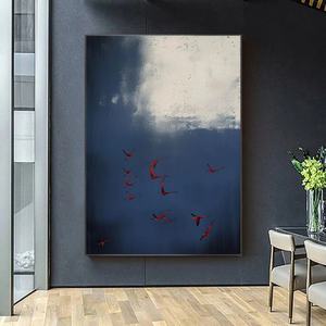 Peinture murale abstraite contemporaine texturée sur toile, art surréaliste, ciel bleu foncé avec oiseaux rouges pour la maison et la galerie - Product Image 4