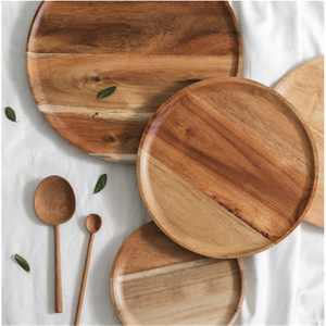 Acacia Wood Round <b>Tray</b> Solid Wood Coffee Tea Serving Plate Household <b>Snack</b> Tableware - Product Image 3