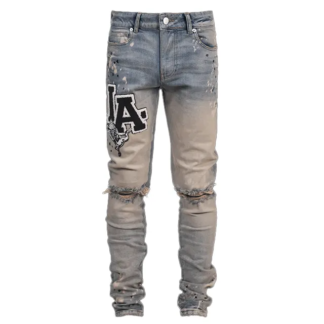 Logo personalizzato all'ingrosso skinny jean man Vintage Fashion Jeans strappati in denim Jeans da uomo taglie forti di alta qualità