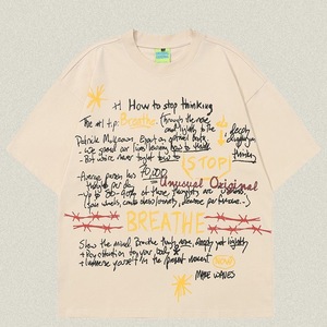 Camiseta Gráfica Oversize Holgada con Texto Escrito a Mano 'Stop Thinking BREATHE', Multicolor, Casual, Unisex, Manga Corta, 220 Gramos - Product Image 5