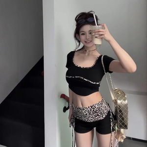 Leopard Print Suit Women's Short Set Breathable Knitted Casual Outfit Navel Exposed Summer Fashion YX-2102 - Product Image 4