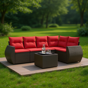 Brown Poly <b>Rattan</b> Garden <b>Sofa</b> Set With Cushions 6 Seater Outdoor Furniture Contemporary Design - Product Image 2