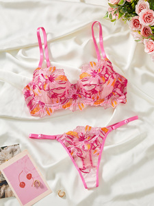Women's Pink Floral Embroidered Lace Lingerie <b>Set</b> <b>Sexy</b> Underwire Bra and Thong 2 Piece Sheer Intimates <b>Set</b> - Product Image 4