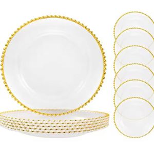Assiettes de Présentation Dorées Transparentes pour Mariage – Vente en Gros, Réutilisables, 13 Pouces, Classiques, Rondes, en Plastique – Support Inclus - Product Image 1