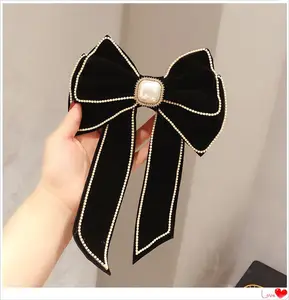 Rhinestone Crystal Diamond Pearl Large Bow Hairpin Korean Fashion Retro Velvet Bow Spring Clip Women Hair Accessories Barrette