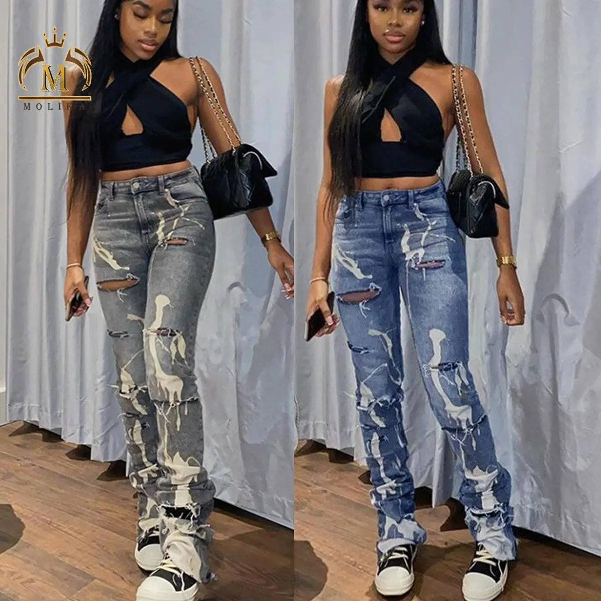 Trendy Women's Jeans Casual Women Ripped Hole Graffiti Print High Waist Zipper Pocket Slim Denim Pants Jeans For Women