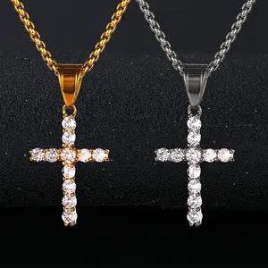 18 Karat Gold Schmuck Tennis Kreuz Halskette Männer Edelstahl Cz Kristall Diamant Kreuz Anhänger Herren Halskette Frauen