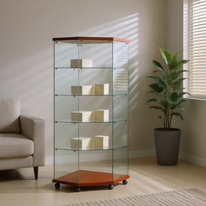 Vitrine d'angle moderne avec verre trempé 68x68x181cm, base en bois de cerisier sur roulettes, meuble de salon - Product Image 3