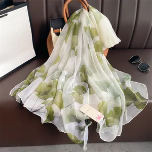 Hoge Kwaliteit Georgette Polyester Lichtgewicht Chiffon Lange Sjaal Mode Bloemenprint Voile Hijab Zijde Gevoel Sjaals