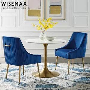 WISEMAX furnitur besi tahan karat mewah kursi makan dengan aksen logam emas Modern bahan beludru biru dongker santai