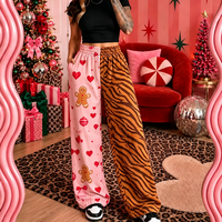 Pantalon large pour femme, color block de Noël, rose, imprimé pain d'épices et cœurs, patchwork à rayures tigrées, taille haute, coupe ample
