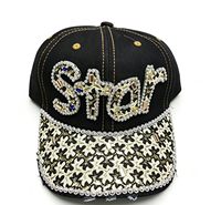 Casquette de baseball en jean avec lettres en strass multicolores et visière en dentelle noire et dorée, plusieurs couleurs disponibles en gros