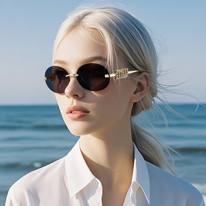 Lunettes de soleil ovales de luxe sans monture, métal noir, protection UV400, unisexe, type 3, verres PC, design tendance, référence 7705 - Product Image 2