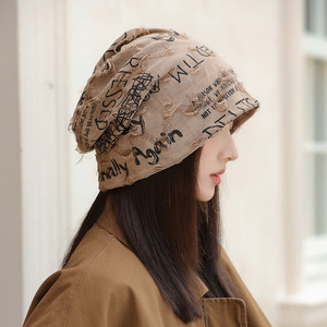 Corée femmes automne hiver grande circonférence de la tête montrant le visage petite pile casquette déchiré chapeau extérieur lettre pull froid bonnet - Product Image 2