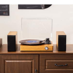 Système de tourne-disque analogique personnalisé avec deux enceintes stéréo, design rétro en bois, pour la décoration de la maison ou comme cadeau. - Product Image 2