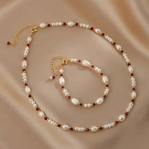 Parure de bijoux fins pour femme WENCHI, collier et bracelet en perles naturelles blanches, chaîne de clavicule, grenat français, élégant et raffiné, 30g - Product Image 1