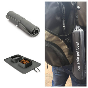 Bol pliable en silicone pour animaux de compagnie, double, antidérapant, portable pour l'extérieur, avec sac, gris émeraude, 38x23,5 cm - Product Image 4