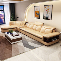Ensemble de canapé modulaire avec ottoman en cuir Nappa côtelé, fauteuil pivotant, console, haut-parleurs, porte-gobelets, canapé de salon