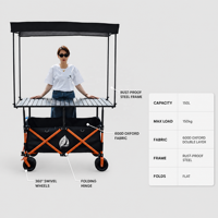 Chariot de camping pliable à quatre roues avec table réglable en hauteur, auvent et rangement pour courses, disponible en OEM