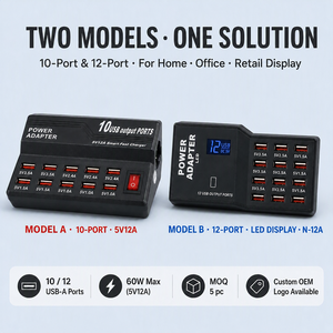 <span class=keywords><strong>Chargeur</strong></span> USB multi-ports 12 ports 60W à charge rapide en PVC, entrée 220V, adaptateur QC 3.0 pour téléphones, tablettes et consoles de jeux - Product Image 2