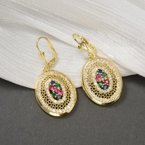 Pendientes colgantes de cobre con incrustaciones de circonita multicolor vibrante, diseño delicado de filigrana ovalada, para mujer, ideales para aniversarios y fiestas, venta al por mayor. - Product Image 5