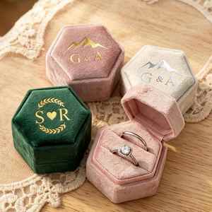 Personalized Velvet <b>Ring</b> Storage Box, Custom Hexagon 2-Slot Wedding <b>Ring</b> Box with <b>Name</b>, Engagement Jewelry Case for Her - Product Image 3