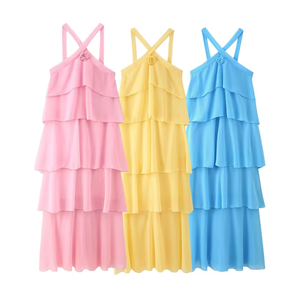 <span class=keywords><strong>Robe</strong></span> longue en mousseline de soie à volants superposés pour femme, couleur unie élégante avec jupe à volants, idéale pour les vacances d'été - Product Image 1