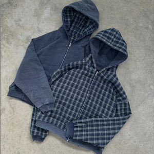 <strong>Reversible</strong> Plaid <strong>Zip</strong> up Hoodie Heavyweight Cotton Fleece Washed Charcoal Grey with Zipper for Men Streetwear - Product Image 2