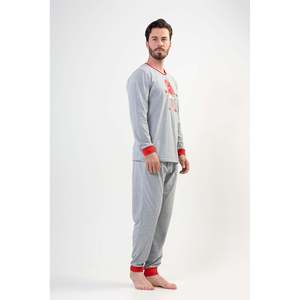 Ensemble de pyjama en coton gris à manches longues pour homme avec bordure rouge pour un confort optimal - Product Image 2