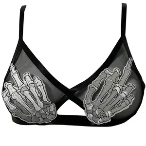 Soutien-gorge gothique en dentelle noire, squelette pour Halloween, transparent, Lingerie, haut court, danse, rave, soutien-gorge fétiche