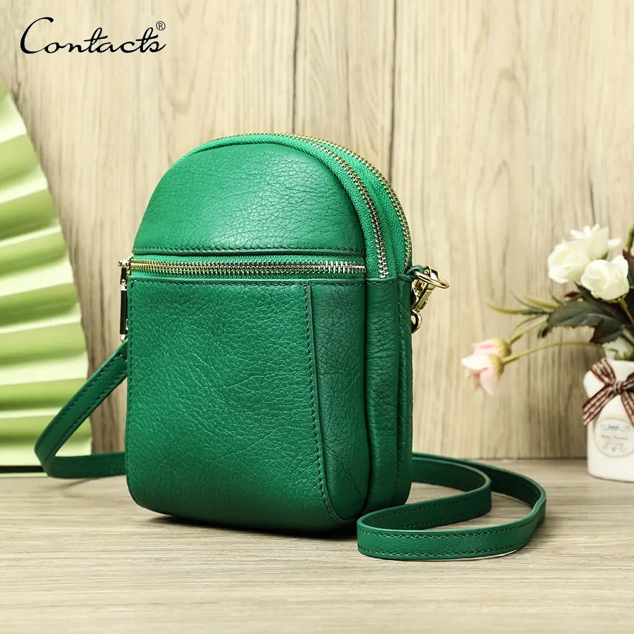 CONTACT'S Women Fashion Green Travel Messenger Shoulder Bag Genuine Leather Small Crossbody Cell Phone Purse