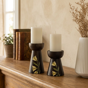 Handcrafted <b>Wooden</b> Candle Holder Set of 2 with Floral Hand Painted Design Rustic Dark Wood Pillar Candle Stand for Home Decor - Product Image 4
