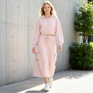 Solid Color <b>Women</b> Cropped Hoodie <b>2</b> <b>Piece</b> Outfit, Button Front Sweat Top & Cargo Pocket Midi Skirt Leisure Loungewear <b>Set</b> - Product Image 3