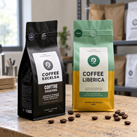 Sachet d'emballage de café personnalisé imprimé avec soufflet latéral, fermeture à lanière métallique, doublure en aluminium et fermeture quadri-scellée pour le stockage de grains de café torréfiés