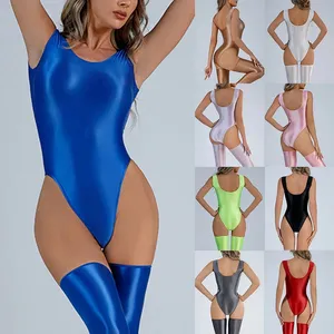 King Mcgreen Star Women Bodysuit Oil Glossy Shiny Swimsuit High Cut Thong Backless Leotard Erotic Tight Clubwear Bodysuits