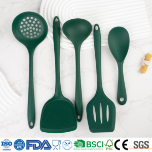 โรงงานราคาเครื่องครัวซิลิโคน 5 ชิ้นชุดสต็อก Non-Stick PAN ทําอาหารพลั่วซุป Colander ซิลิโคนเครื่องครัว - Product Image 4