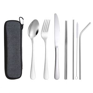 Ensemble d'ustensiles de voyage réutilisables avec logo personnalisé, fourchette, cuillère, couteau, baguettes et paille en acier inoxydable, avec pochette zippée, pour cadeaux événementiels - Product Image 4