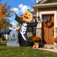 Décoration de jardin gonflable d'Halloween de 2,4 m (8 pieds) avec citrouille, squelette, fantôme et pierre tombale, avec souffleur intégré, prise US