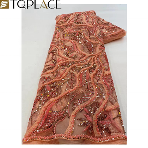 Harga Pabrik Kain Lace Prancis Warna Merah Dengan Payet & Manik-Manik Bordir Mewah Tulle Nigeria untuk Gaun Pesta Pengantin - Product Image 5