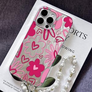 Coque <span class=keywords><strong>de</strong></span> téléphone antichoc en TPU souple avec motif floral rose, cœur argenté, peinture UV, et lanière perlée <span class=keywords><strong>pour</strong></span> iPhone 16 15 14 Pro Max avec protection d'objectif - Product Image 4