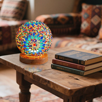 Lampe en cristal de verre de style vintage veilleuse en verre boule de mosaïque avec base en bois lumière décorative rétro pour chambre lampe de chevet