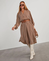 Robe longue à manches longues, col en V, rayée, tendance rétro, pour le printemps et l'automne, pour affiner la silhouette et un look décontracté